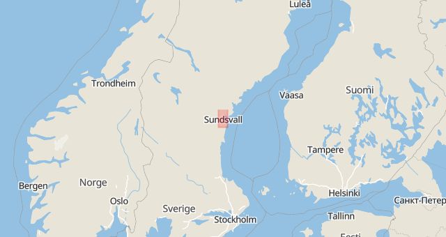 Karta som med röd fyrkant ramar in Västernorrland, Hulivägen, Bosvedjan, Sundsvall, Geresta, Härnösand, Örnsköldsvik, Kramfors, Arnäsvall, Västernorrlands län