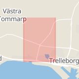 Karta som med röd fyrkant ramar in Tommarpsvägen, Trelleborg, Skåne län