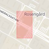 Karta som med röd fyrkant ramar in Rosengård, Rosengård Centrum, Malmö, Skåne län