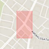 Karta som med röd fyrkant ramar in Amiralsgatan, Nobelvägen, Malmö, Skåne län