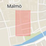 Karta som med röd fyrkant ramar in Stora Nygatan, Nygatan, Gustaf Adolfs Torg, Malmö, Skåne län