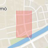 Karta som med röd fyrkant ramar in Stora Nygatan, Studentgatan, Malmö, Skåne län