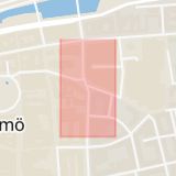 Karta som med röd fyrkant ramar in Djäknegatan, Rundelsgatan, Malmö, Skåne län