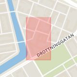 Karta som med röd fyrkant ramar in Rättscentrum, Exercisgatan, Östra Förstadsgatan, Drottninggatan, Malmö, Skåne län
