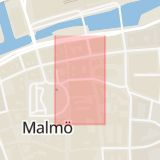 Karta som med röd fyrkant ramar in Kyrkogatan, Adelgatan, Norra Vallgatan, Malmö, Skåne län