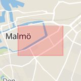 Karta som med röd fyrkant ramar in Skåne, Malmö, Drottninggatan, Skåne län