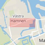 Karta som med röd fyrkant ramar in Västra Hamnen, Stora Varvsgatan, Malmö, Skåne län