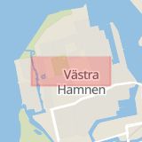 Karta som med röd fyrkant ramar in Västra Hamnen, Lilla Varvsgatan, Malmö, Skåne län