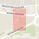 Karta som med röd fyrkant ramar in Getingevägen, Norra Ringen, Lund, Skåne län