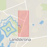 Karta som med röd fyrkant ramar in Eriksgatan, Landskrona, Skåne län