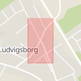 Karta som med röd fyrkant ramar in Ludvigsborg, Hörby, Skåne län