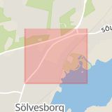 Karta som med röd fyrkant ramar in Snapphanegatan, Sölvesborg, Blekinge län