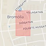 Karta som med röd fyrkant ramar in Hermansens Gata, Ivögatan, Bromölla, Skåne län