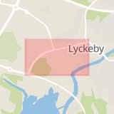 Karta som med röd fyrkant ramar in Lyckeby, Stationsvägen, Karlskrona, Blekinge län
