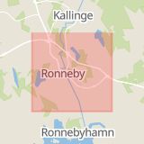 Karta som med röd fyrkant ramar in Brunnsparken, Ronneby, Blekinge län