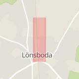 Karta som med röd fyrkant ramar in Lönsboda, Östra Järnvägsgatan, Osby, Skåne län