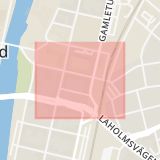 Karta som med röd fyrkant ramar in Fredsgatan, Gamletull, Halmstad, Hallands län