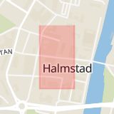 Karta som med röd fyrkant ramar in Brogatan, Köpmansgatan, Halmstad, Hallands län