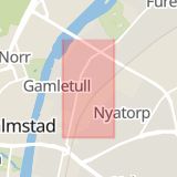 Karta som med röd fyrkant ramar in Gamletullsgatan, Halmstad, Hallands län