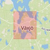 Karta som med röd fyrkant ramar in Västra Mark, Smedjegatan, Växjö, Kronobergs län