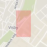 Karta som med röd fyrkant ramar in Östercentrum, Visby, Gotland, Roma, Fårösund, Gotlands län