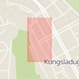 Karta som med röd fyrkant ramar in Kungsladugård, Kungsladugårdsgatan, Ståthållaregatan, Göteborg, Västra Götalands län