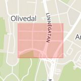 Karta som med röd fyrkant ramar in Olivedalsgatan, Göteborg, Västra Götalands län