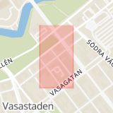 Karta som med röd fyrkant ramar in Vasastaden, Storgatan, Teatergatan, Göteborg, Västra Götalands län