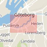 Karta som med röd fyrkant ramar in Stigbergstorget, Nya Allén, Hvitfeldtsplatsen, Västra Götalands län