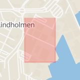 Karta som med röd fyrkant ramar in Lärdomsgatan, Lindholmen, Göteborg, Västra Götalands län