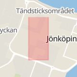 Karta som med röd fyrkant ramar in Jönköping, Kapellgatan, Stadsparken, Utsmyckning, Jönköpings län