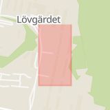 Karta som med röd fyrkant ramar in Lövgärdet, Senapsgatan, Göteborg, Västra Götalands län