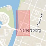 Karta som med röd fyrkant ramar in Residensgatan, Vänersborg, Östra Hamngatan, Drottninggatan, Rådavägen, Västra götalands län, Västra Götalands län