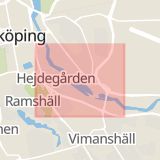 Karta som med röd fyrkant ramar in Östergötland, Norrköping, Klingsberg, Hageby, Hejdegården, Linköping, Gamla Staden, Östergötlands län