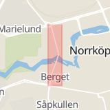 Karta som med röd fyrkant ramar in Östergötland, Kungsgatan, Norrköping, Tjustgatan, Lugnet, Mjölby Kommun, Östergötlands län