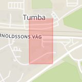 Karta som med röd fyrkant ramar in Huddingevägen, Tumba, Tumba Centrum, Botkyrka, Stockholms län