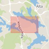 Karta som med röd fyrkant ramar in Trångsund, Skogås, Huddinge, Stockholms län