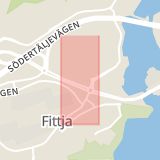 Karta som med röd fyrkant ramar in Fittja, Fittjavägen, Botkyrka, Stockholms län