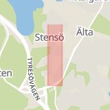 Karta som med röd fyrkant ramar in Oxelvägen, Älta, Nacka, Stockholms län