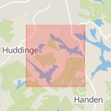 Karta som med röd fyrkant ramar in Stuvsta, Högsta, Huddinge, Stockholms län