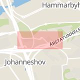 Karta som med röd fyrkant ramar in Johanneshov, Olaus Magnus Väg, Stockholm, Stockholms län