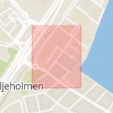 Karta som med röd fyrkant ramar in Årstaängsvägen, Marieviksgatan, Liljeholmen, Stockholm, Stockholms län