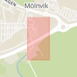 Karta som med röd fyrkant ramar in Mölnviksrondellen, Skärgårdsvägen, Värmdö, Stockholms län