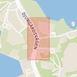 Karta som med röd fyrkant ramar in Djurgården, Djurgårdsvägen, Rosendalsvägen, Stockholm, Stockholms län