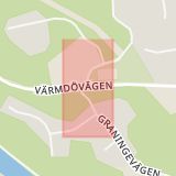 Karta som med röd fyrkant ramar in Velamsundsvägen, Värmdövägen, Nacka, Stockholms län