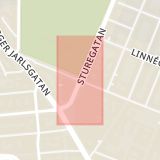 Karta som med röd fyrkant ramar in Sturegatan, Humlegårdsgatan, Östermalm, Stockholm, Stockholms län
