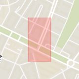 Karta som med röd fyrkant ramar in Östermalm, Valhallavägen, Strindbergsgatan, Erik Dahlbergsgatan, Stockholm, Stockholms län