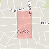 Karta som med röd fyrkant ramar in Duvbo, Karlavägen, Oskarsvägen, Sundbyberg, Stockholms län