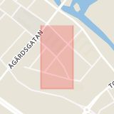 Karta som med röd fyrkant ramar in Borgmästaregatan, Viktoriagatan, Köping, Västmanlands län