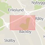 Karta som med röd fyrkant ramar in Bäckbyvägen, Västerås, Västmanlands län